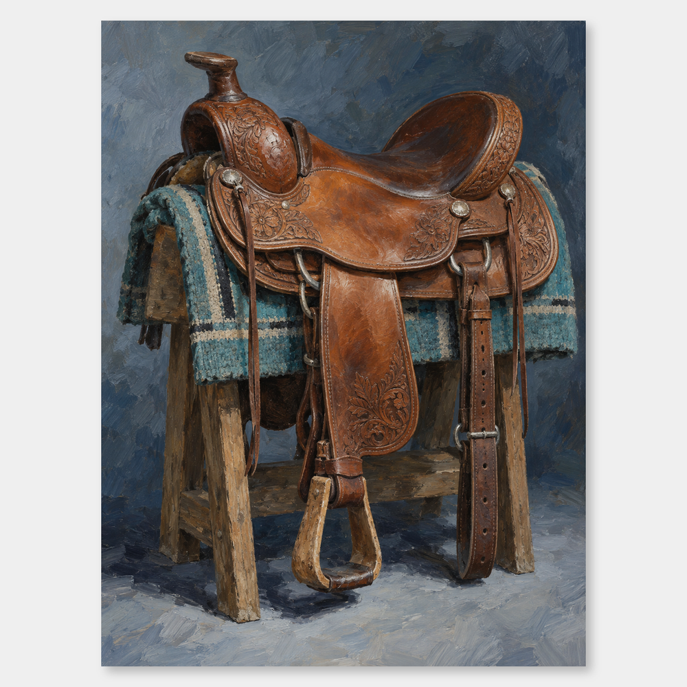 Tooled Leather Saddle Western oil painting on a neutral gray background