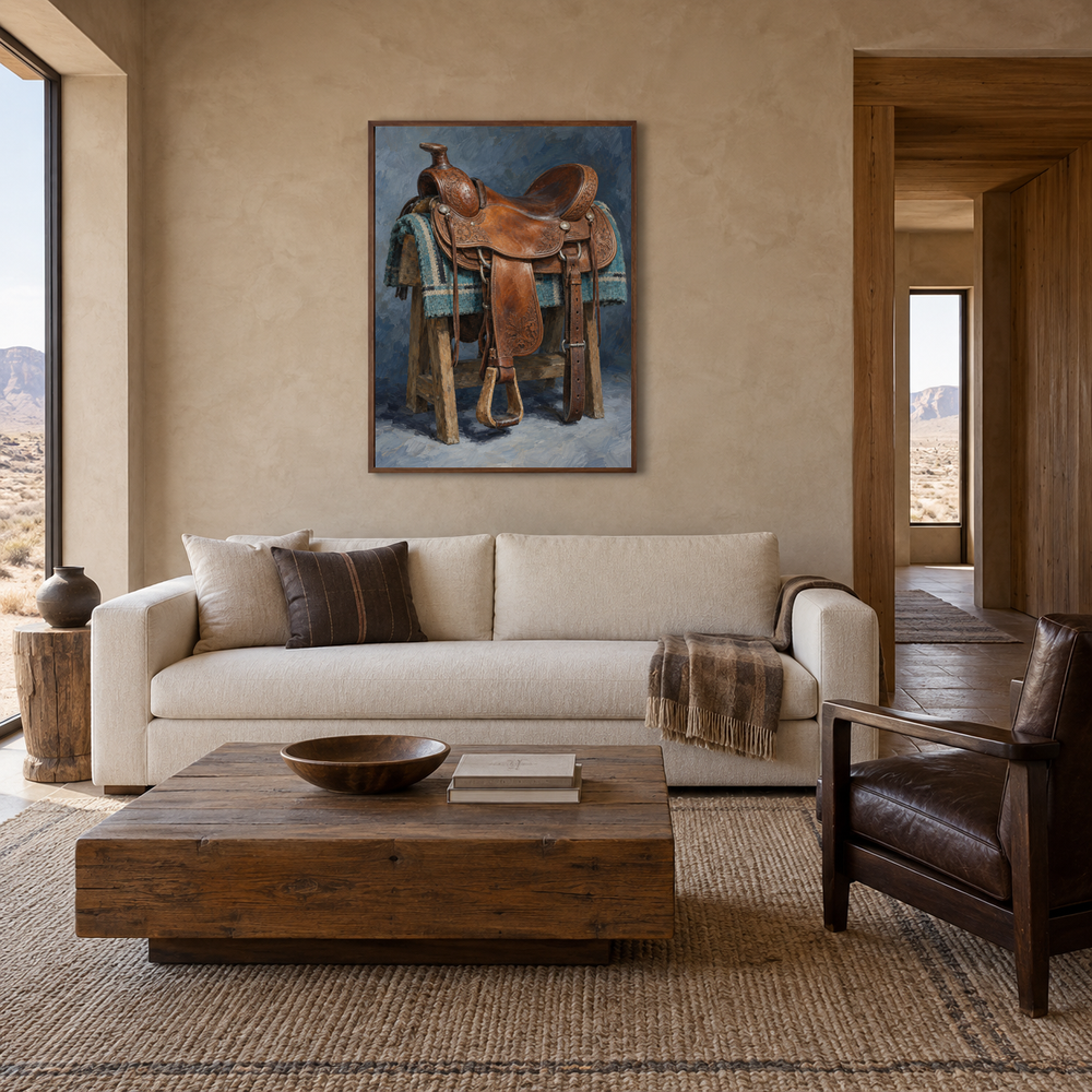 Tooled Leather Saddle oil painting displayed in a rustic office
