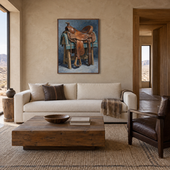 Tooled Leather Saddle oil painting displayed in a rustic office