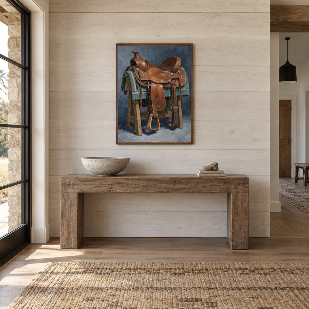 Tooled Leather Saddle oil painting displayed in a Western entryway