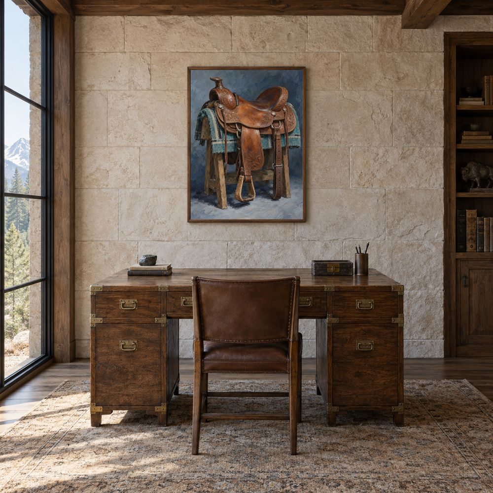 Tooled Leather Saddle oil painting displayed in a rustic office