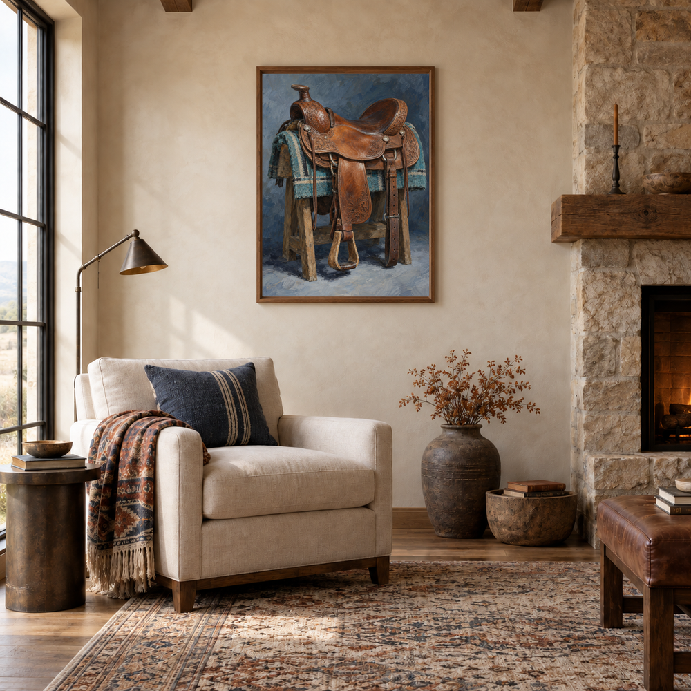 Tooled Leather Saddle oil painting displayed in a rustic office