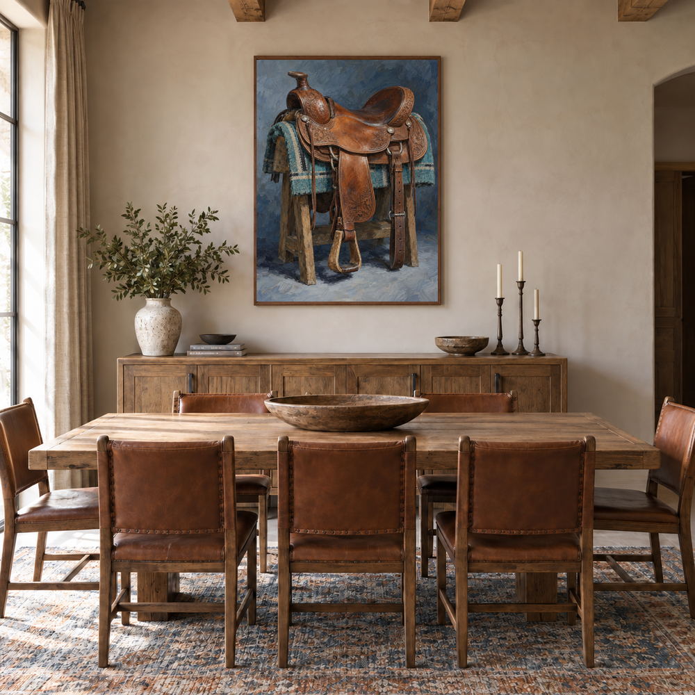 Tooled Leather Saddle oil painting displayed in a ranch dining room