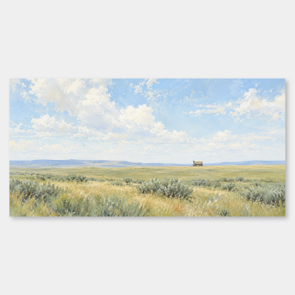 Covered Wagon Horizon Western oil painting on a neutral gray background