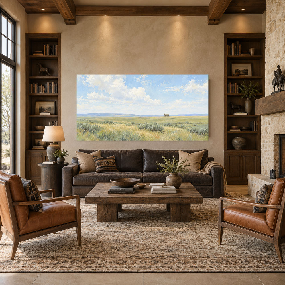 Covered Wagon Horizon oil painting displayed in a Western ranch living room