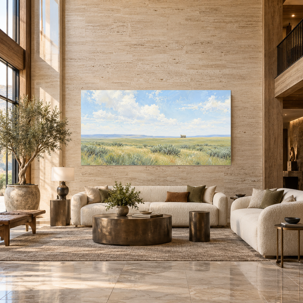 Covered Wagon Horizon oil painting displayed in a Western ranch living room