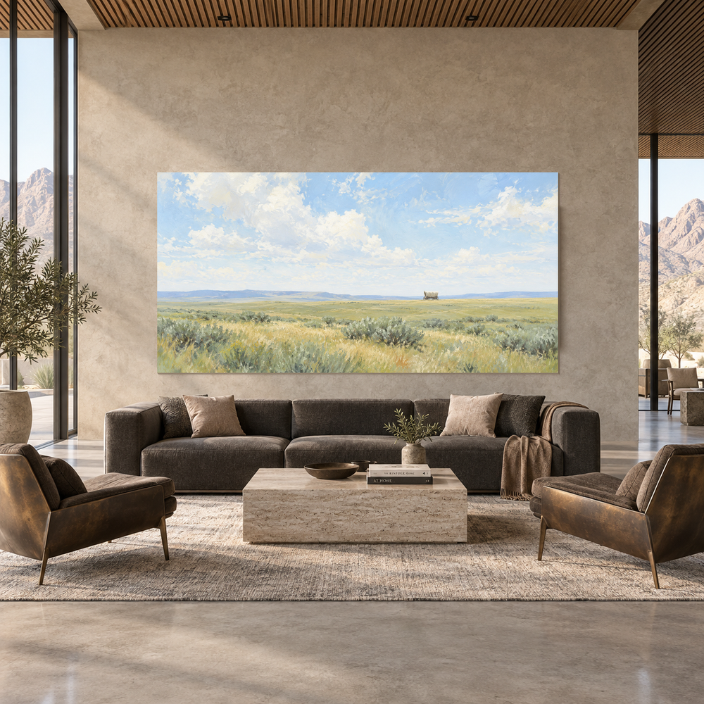 Covered Wagon Horizon oil painting displayed in a Western ranch living room