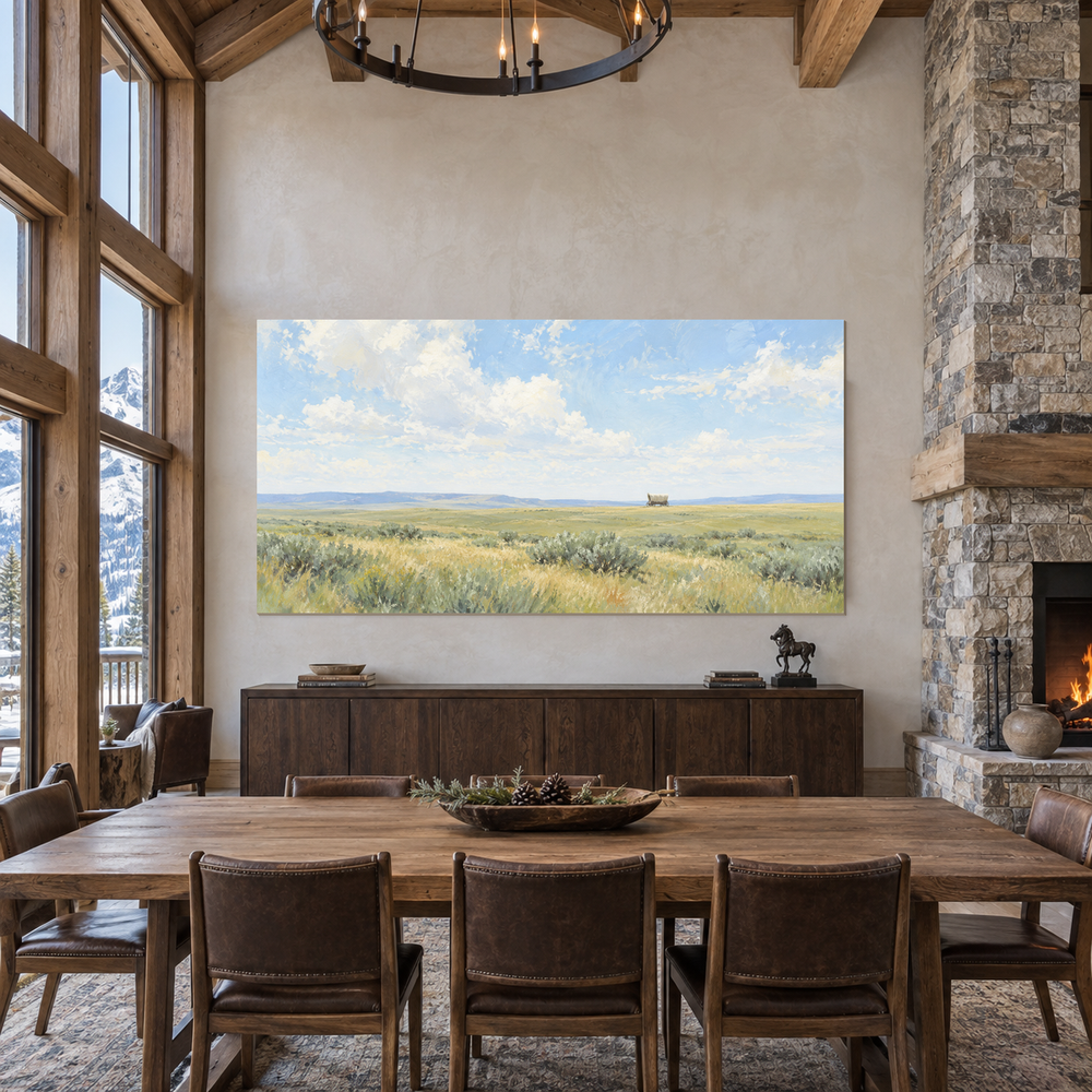 Covered Wagon Horizon oil painting displayed in a Western ranch living room