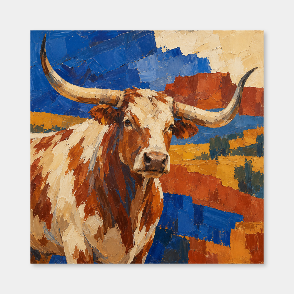 Longhorn & Southwestern Shapes Western oil painting on a neutral gray background