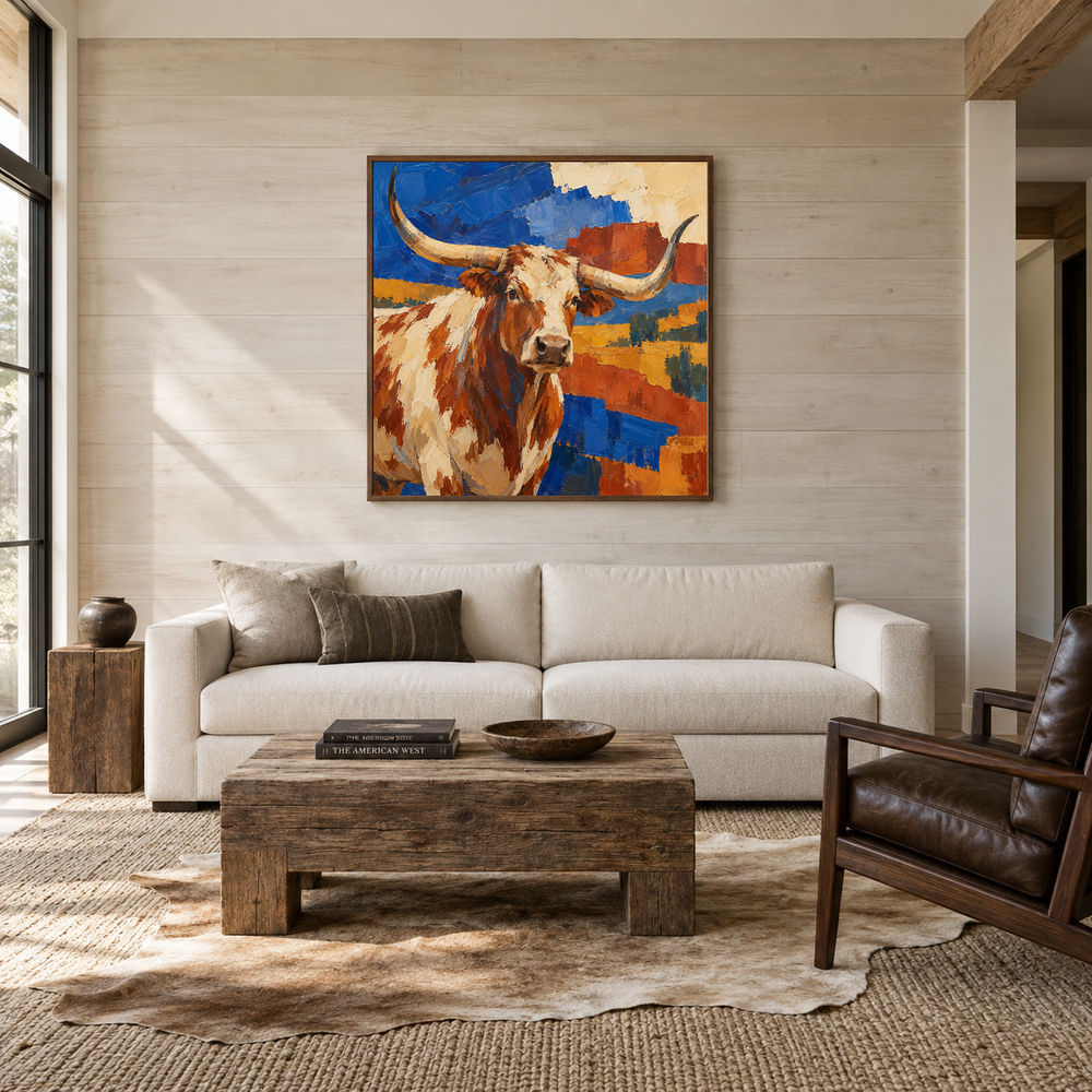 Longhorn & Southwestern Shapes oil painting displayed in a Western ranch living room