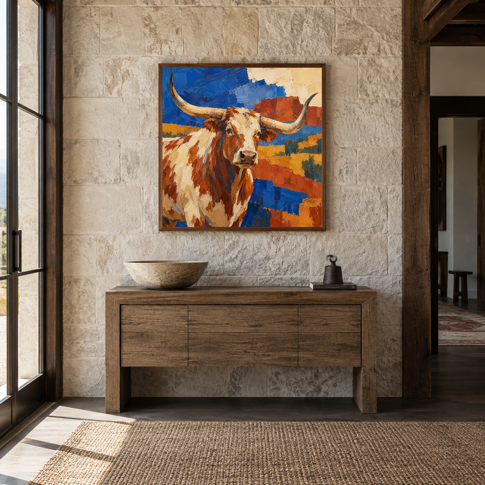 Longhorn & Southwestern Shapes oil painting displayed in a Western entryway
