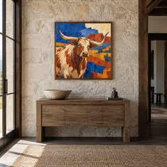 Longhorn & Southwestern Shapes oil painting displayed in a Western entryway