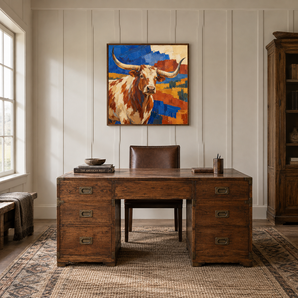 Longhorn & Southwestern Shapes oil painting displayed in a rustic office