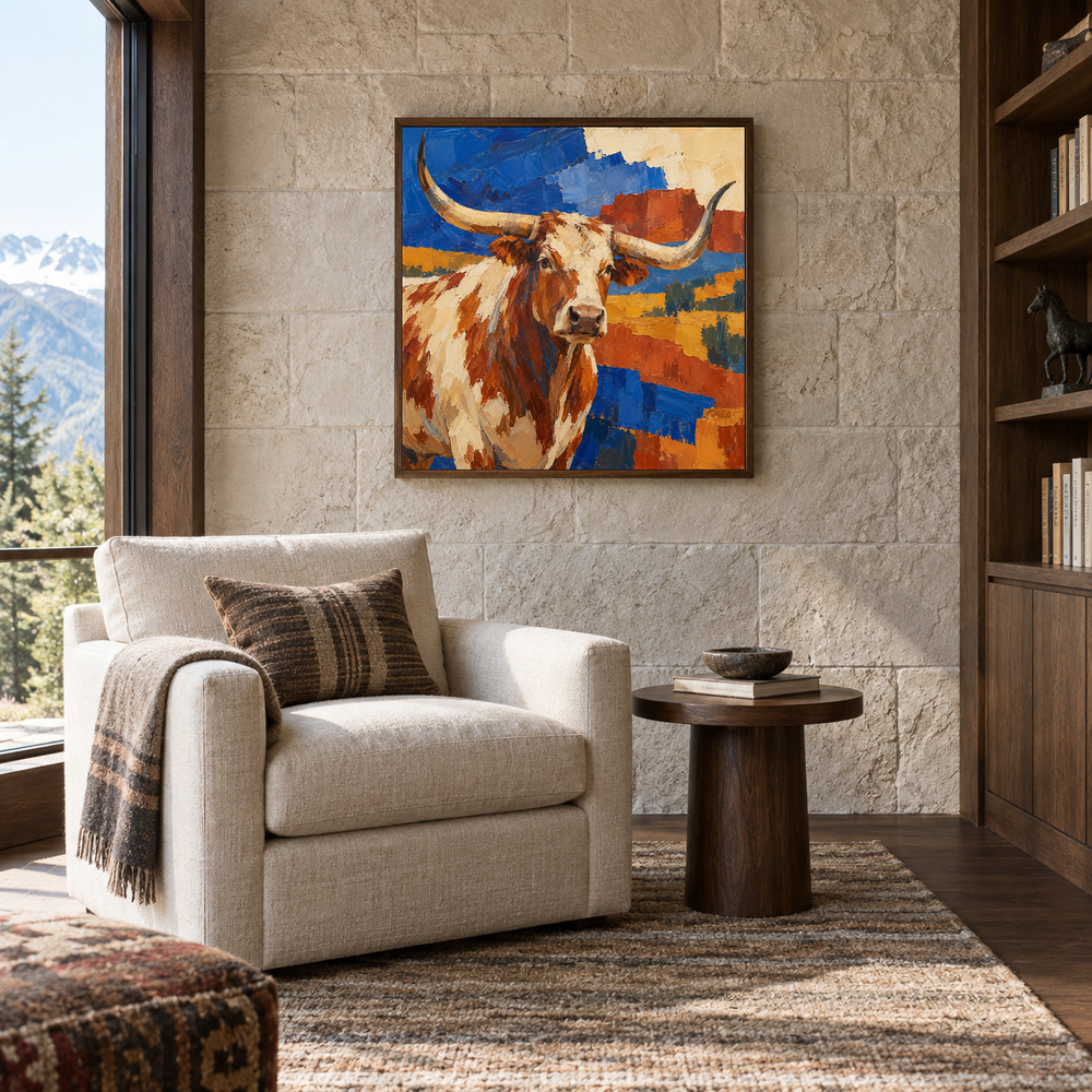 Longhorn & Southwestern Shapes oil painting displayed in a Western lodge lounge