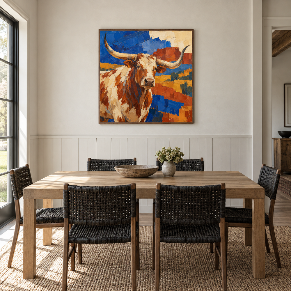 Longhorn & Southwestern Shapes oil painting displayed in a ranch dining room