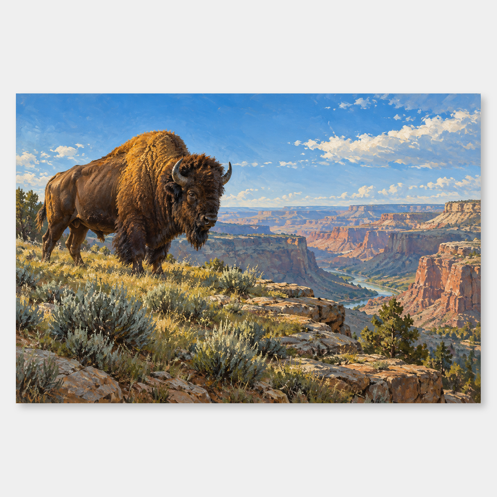 Bison at Canyon Edge Western oil painting on a neutral gray background