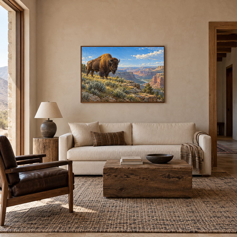 Bison at Canyon Edge oil painting displayed in a Western ranch living room