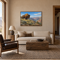 Bison at Canyon Edge oil painting displayed in a Western ranch living room