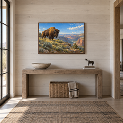 Bison at Canyon Edge oil painting displayed in a Western entryway