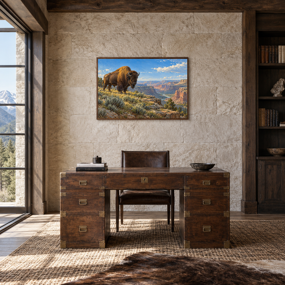 Bison at Canyon Edge oil painting displayed in a rustic office