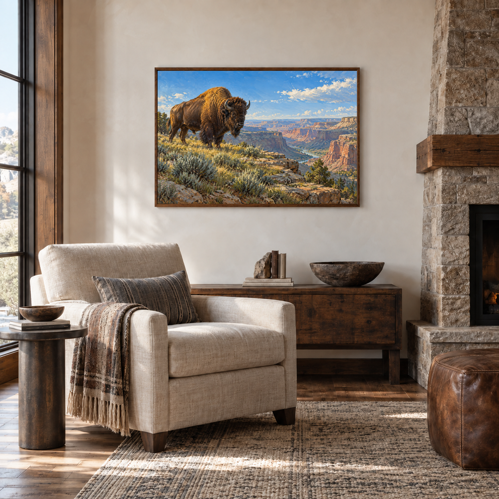 Bison at Canyon Edge oil painting displayed in a Western lodge lounge