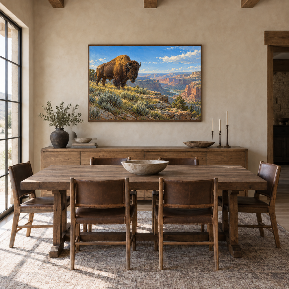 Bison at Canyon Edge oil painting displayed in a ranch dining room