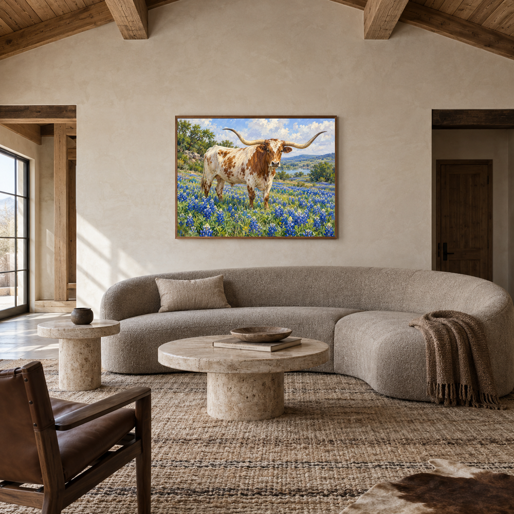 Longhorn in Bluebonnet Field oil painting displayed in a Western ranch living room