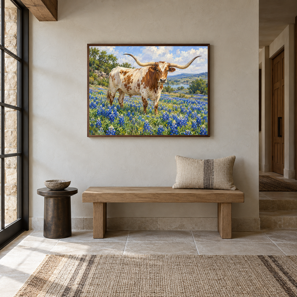Longhorn in Bluebonnet Field oil painting displayed in a Western entryway