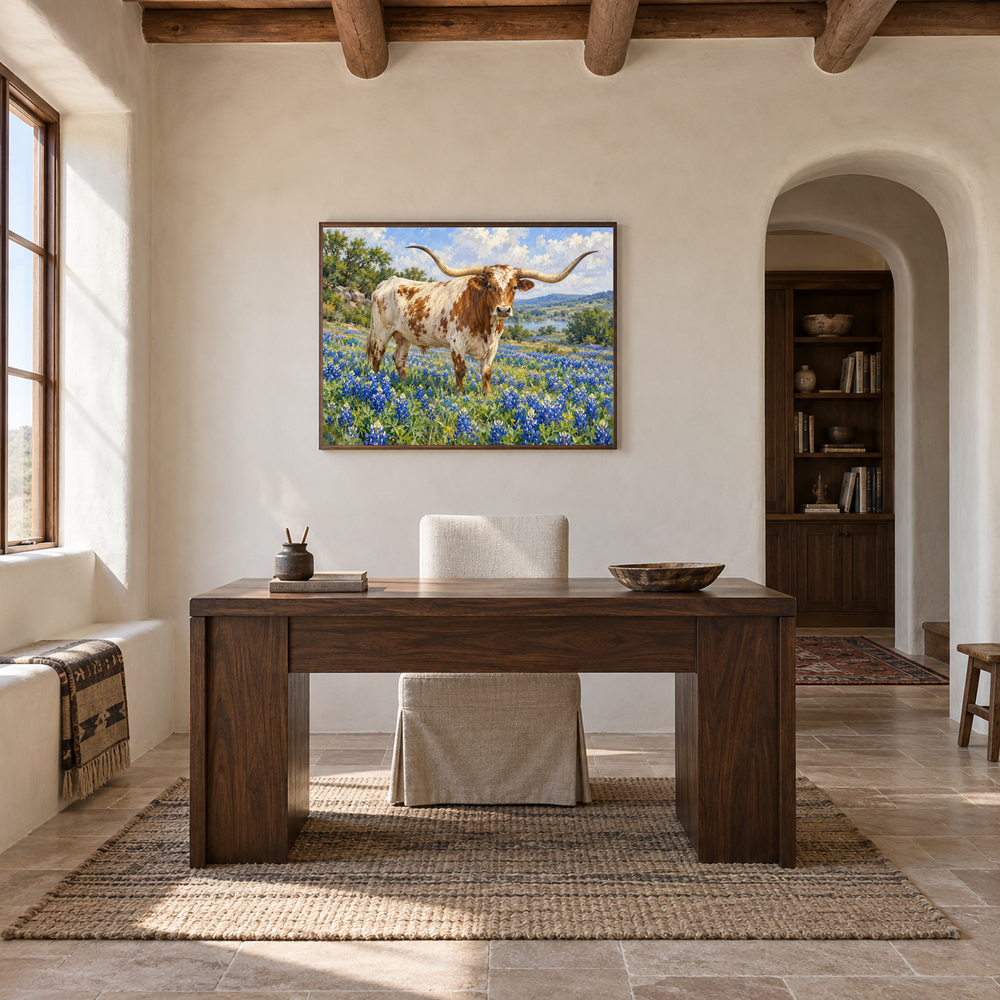 Longhorn in Bluebonnet Field oil painting displayed in a rustic office