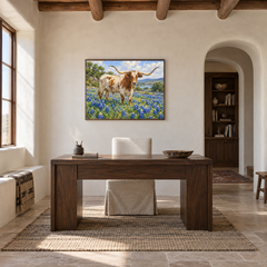 Longhorn in Bluebonnet Field oil painting displayed in a rustic office
