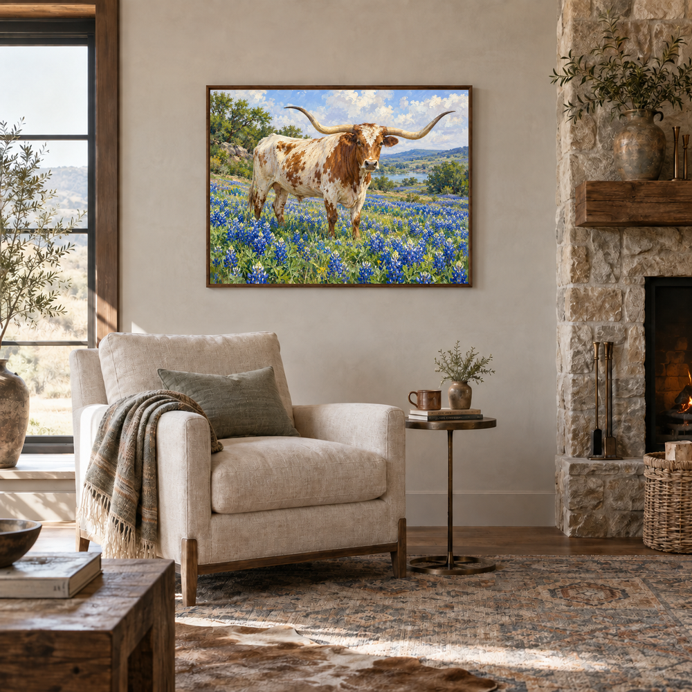 Longhorn in Bluebonnet Field oil painting displayed in a Western lodge lounge