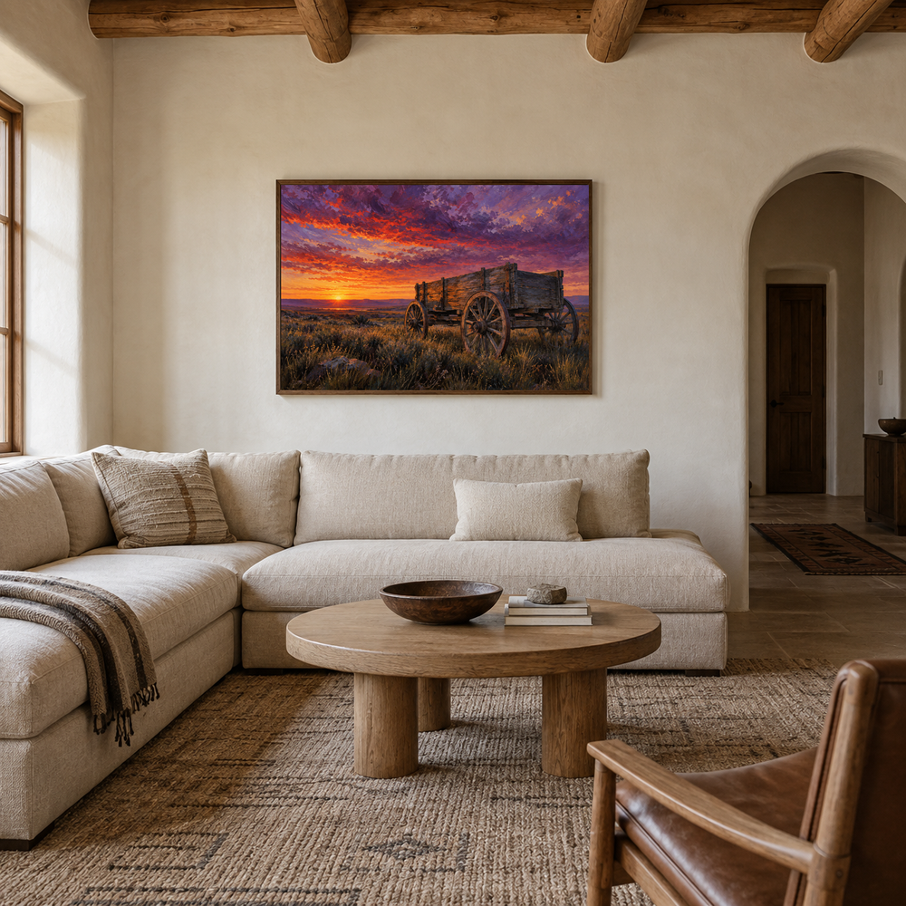 Old Wagon at Prairie Sunset oil painting displayed in a Western ranch living room