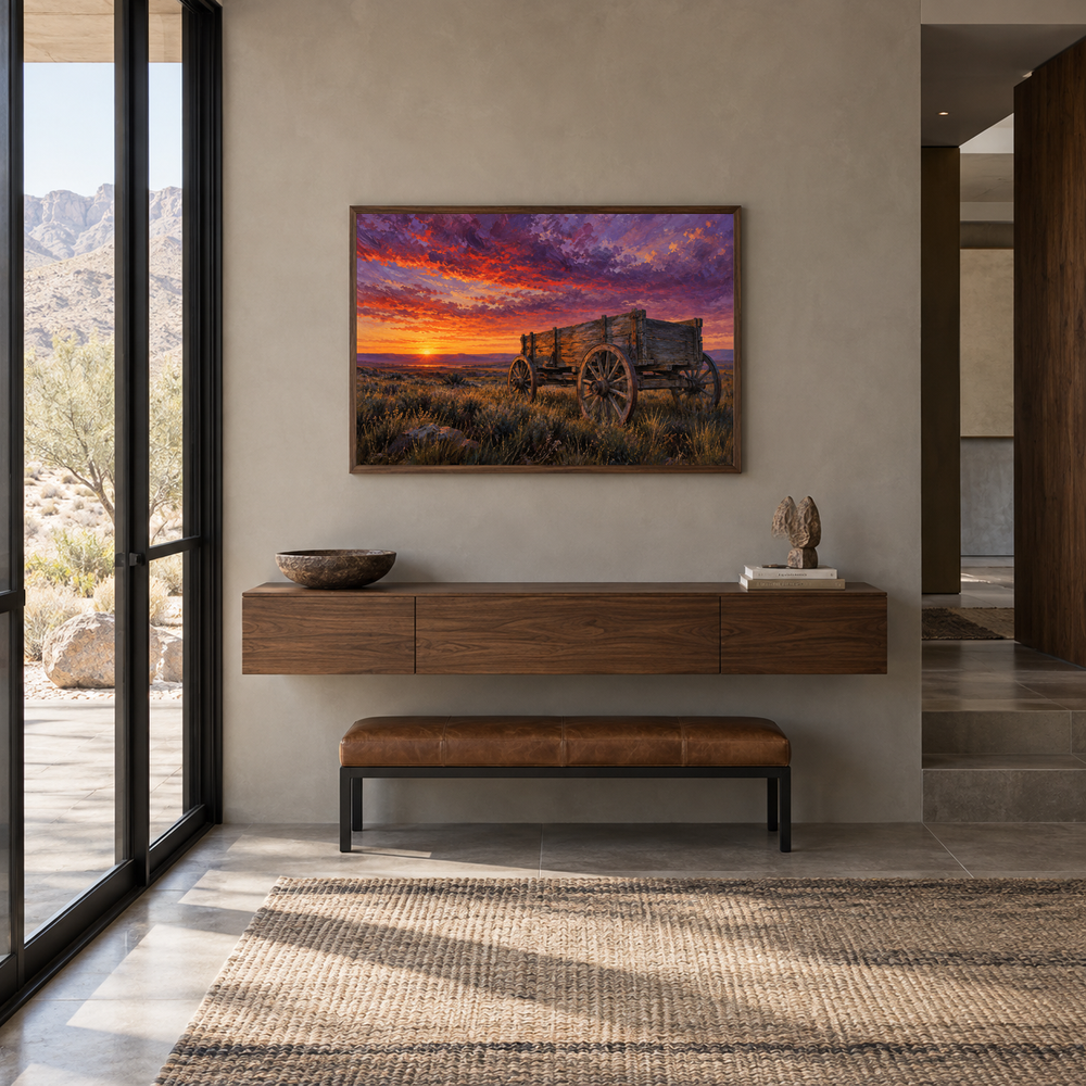Old Wagon at Prairie Sunset oil painting displayed in a Western entryway