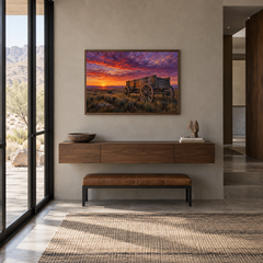 Old Wagon at Prairie Sunset oil painting displayed in a Western entryway