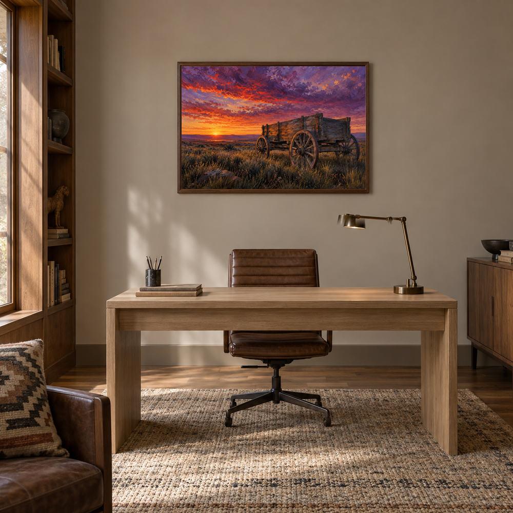 Old Wagon at Prairie Sunset oil painting displayed in a rustic office
