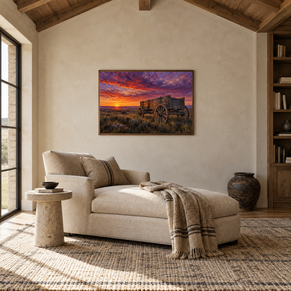 Old Wagon at Prairie Sunset oil painting displayed in a Western lodge lounge