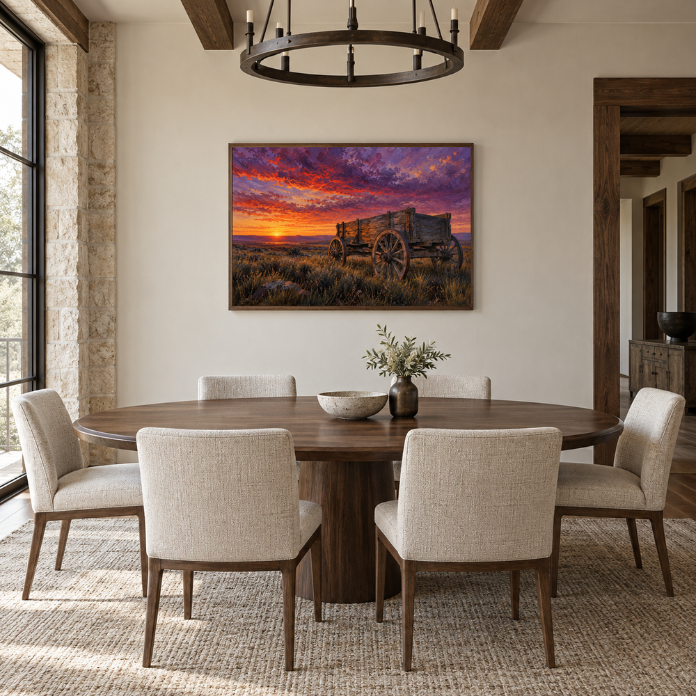 Old Wagon at Prairie Sunset oil painting displayed in a ranch dining room