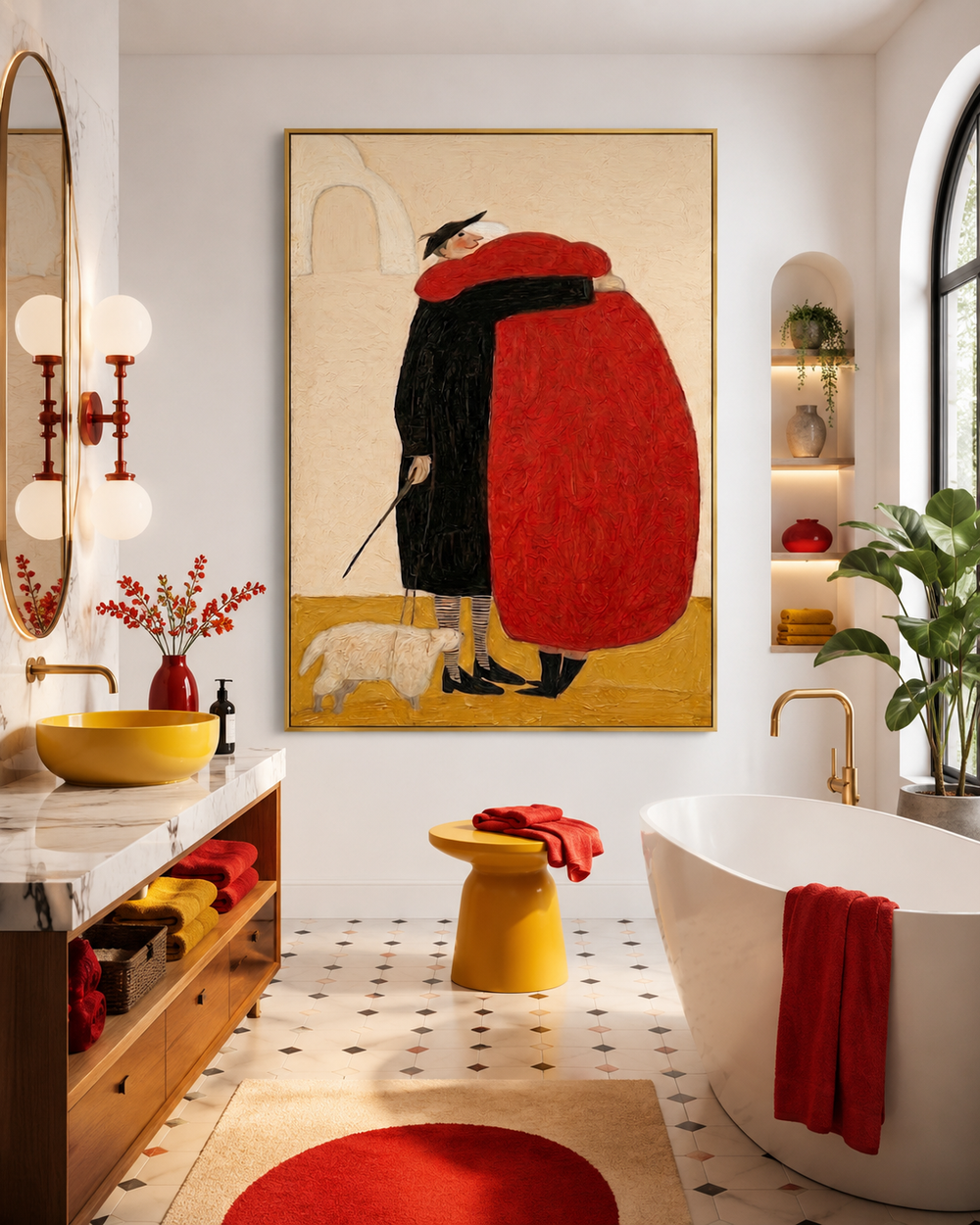 Whimsical Couple Embrace Red Black Abstract Square Canvas Art For Living Room