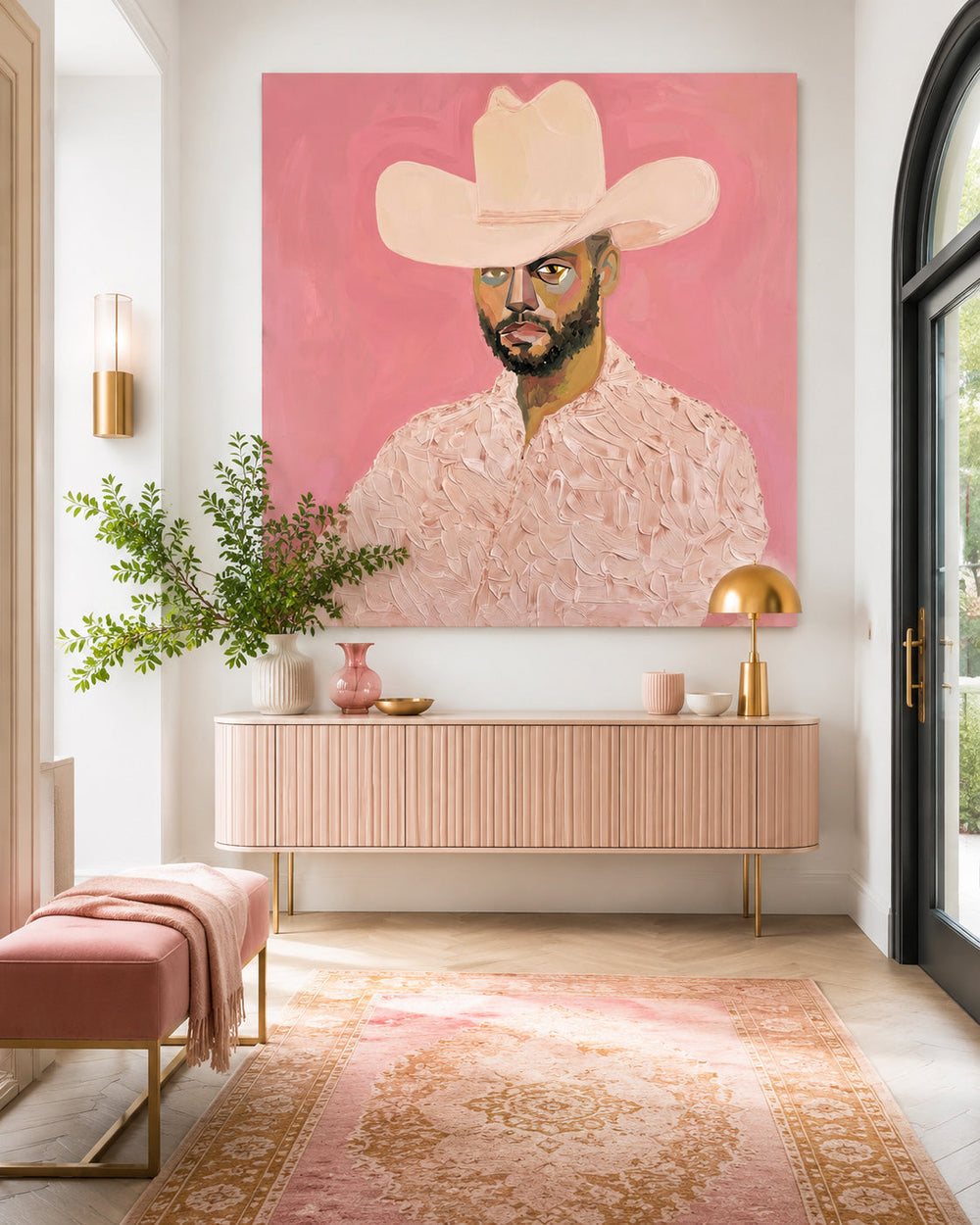 Modern Cowboy Portrait Painting On Canvas With Pink Background For Living Room Decor