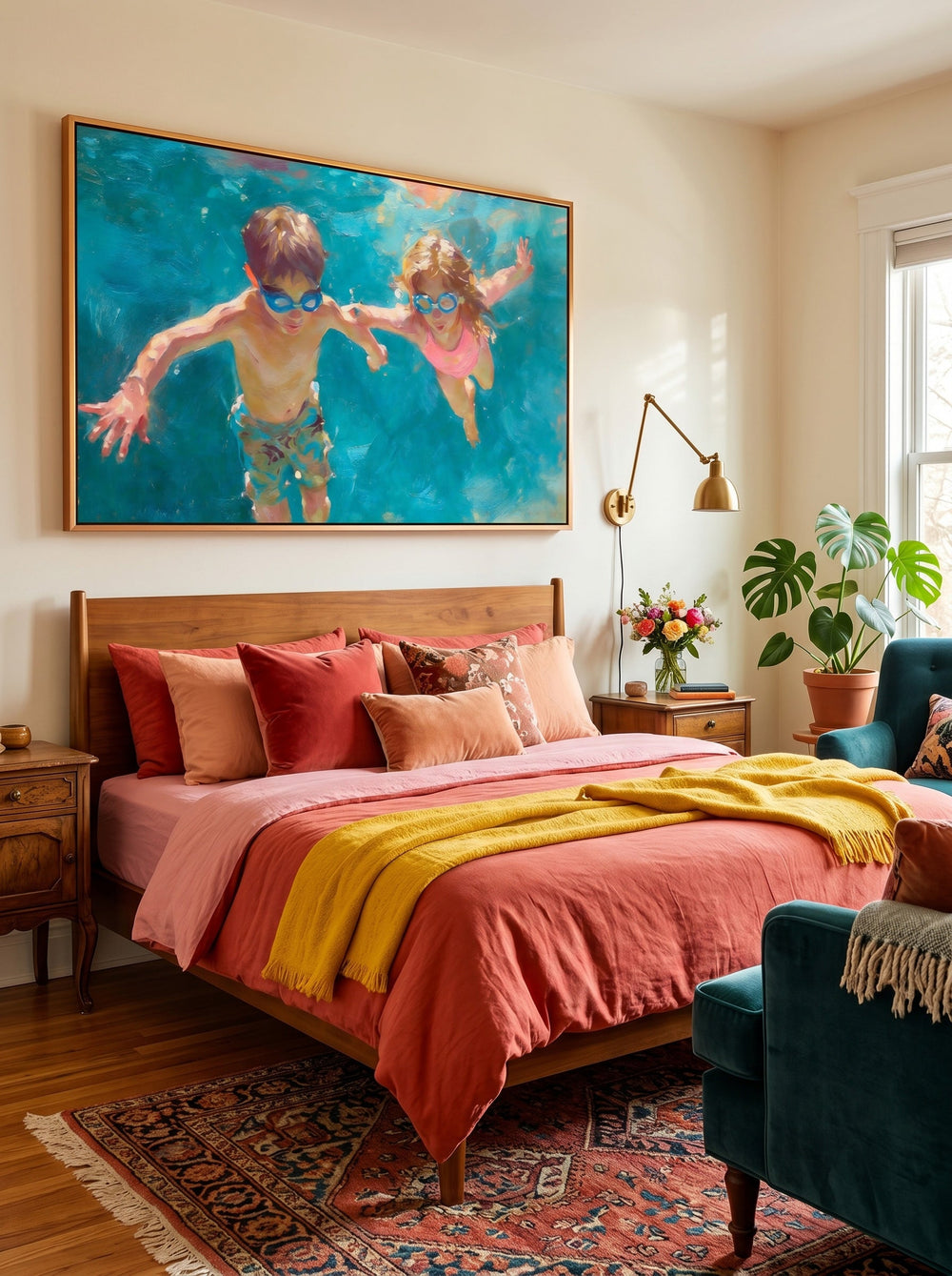 Charming Kids Swimming Oil Painting For Modern Family Home Decor Wall Art