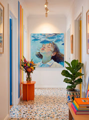 Hand Painted Square Canvas Art Girl Swimming With Fish Contemporary Interior Design