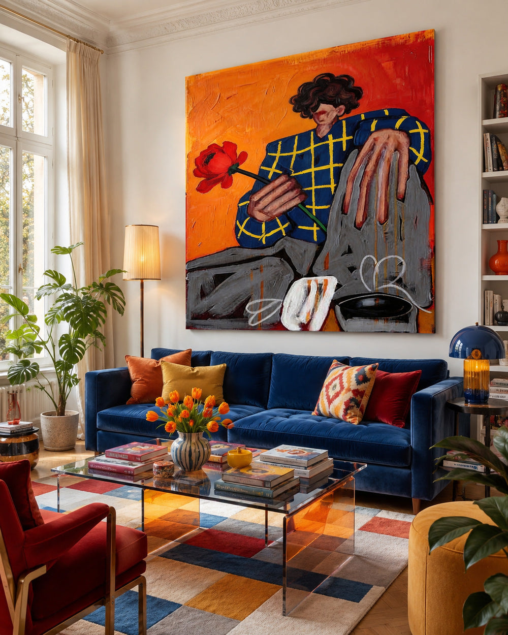 Modern Expressive Portrait Painting With Red Flower For Living Room Wall Art Decor
