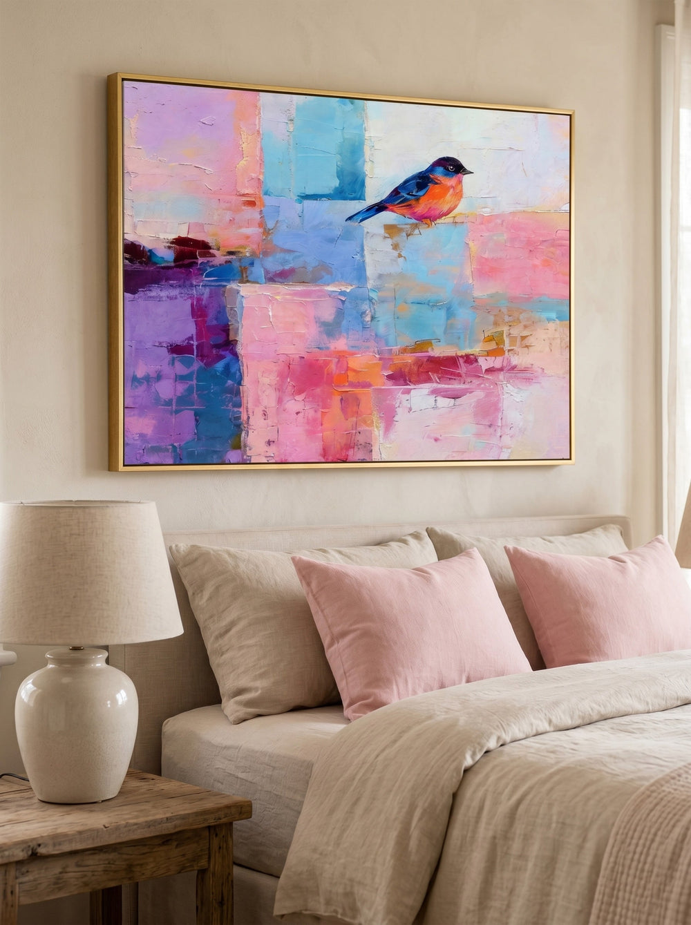 Modern Abstract Bird Painting With Pastel Colors For Living Room Decor