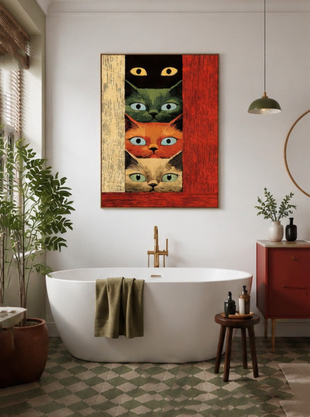 Retro Illustrative Cat Painting Textured Canvas Art With Bold Colors For Unique Wall Decor