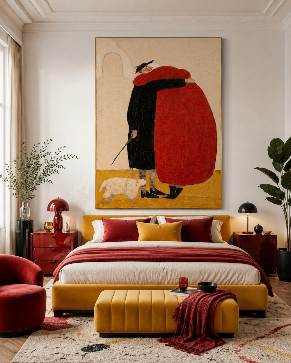 Whimsical Couple Embrace Red Black Abstract Square Canvas Art For Living Room