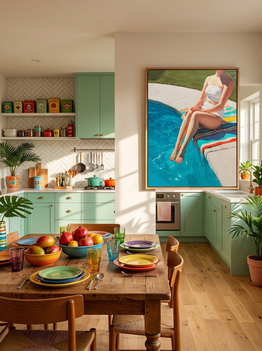 Poolside Figure Painting For Modern Home Decor With Vibrant Blue Tones
