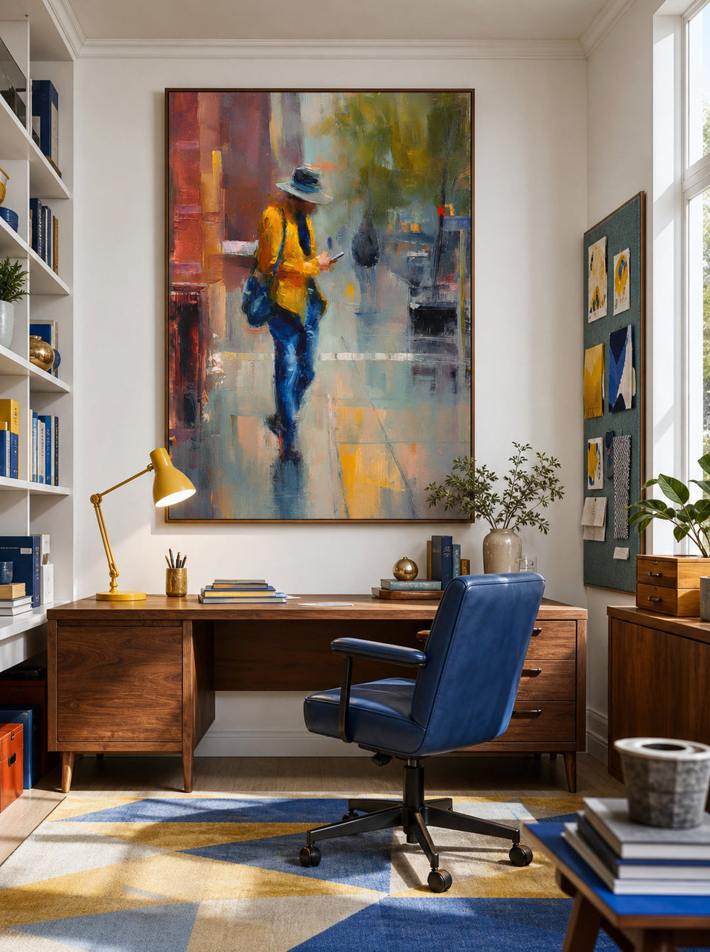 Expressive Yellow And Blue Oil Painting Of A Person In The City