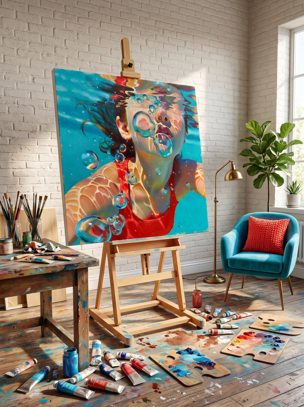 Vibrant Swimming Pool Art Girl Underwater Scene Square Oil Painting On Linen