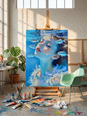 Modern Surreal Female Portrait Painting In Blue Tones For Living Room Accent Wall