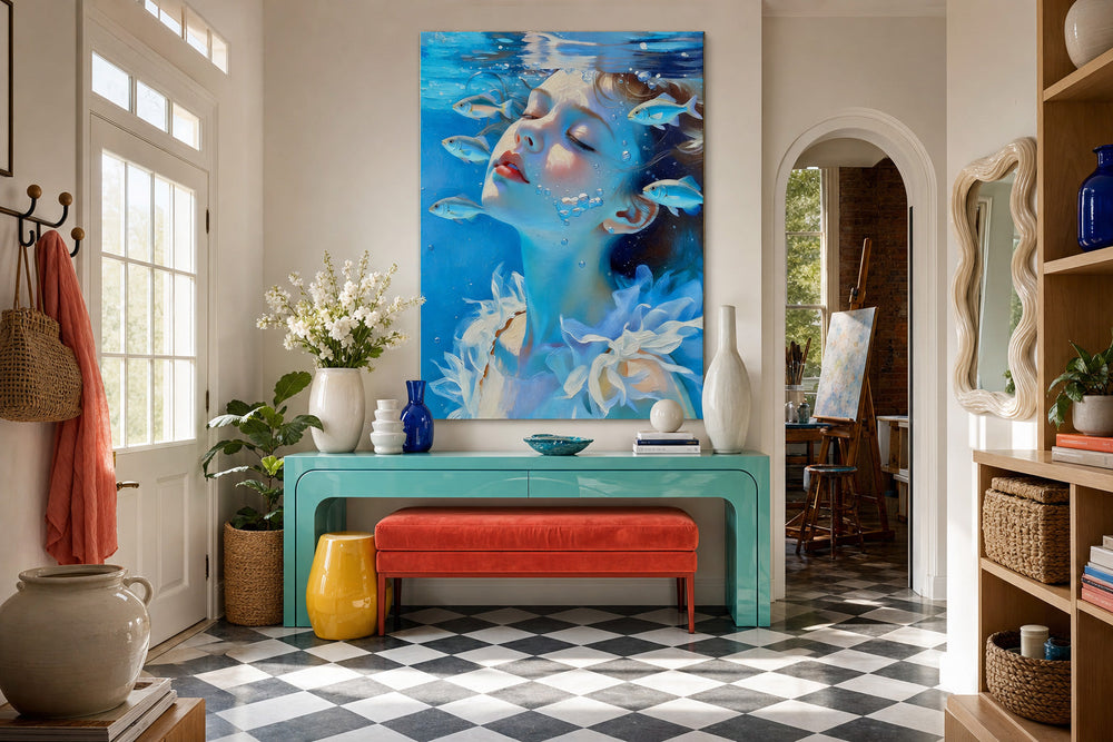 Modern Surreal Female Portrait Painting In Blue Tones For Living Room Accent Wall